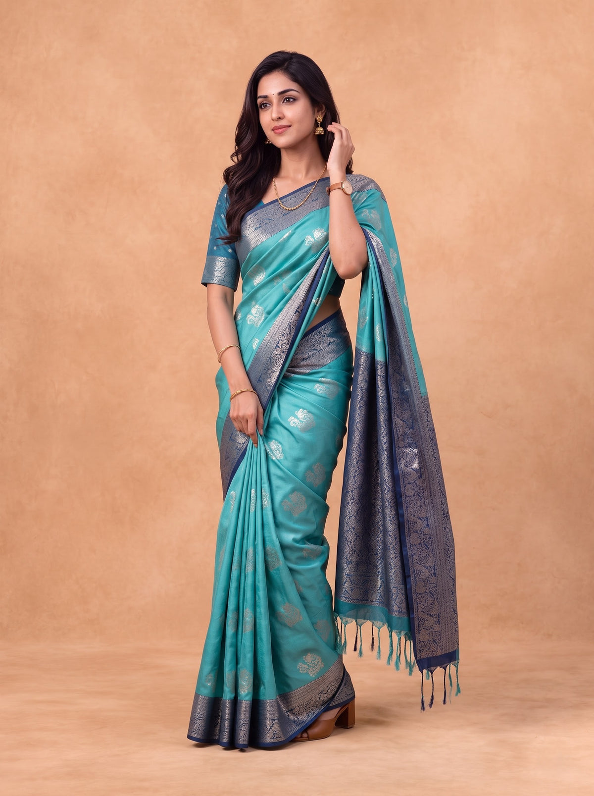Women Soft Silk Dark Turquoise With Blue Saree SS432