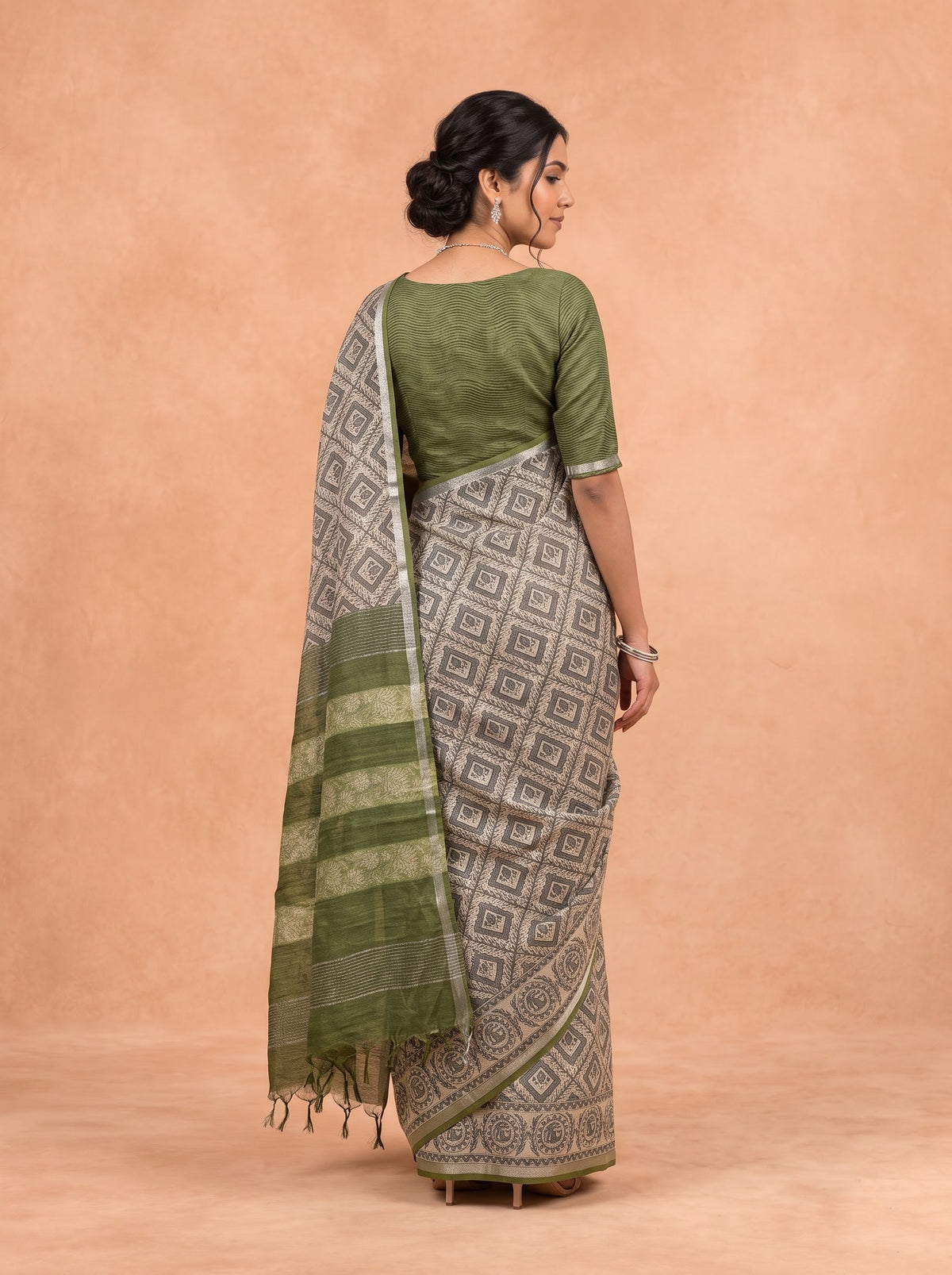 Women Semi Tussar Olive Green Saree ST378