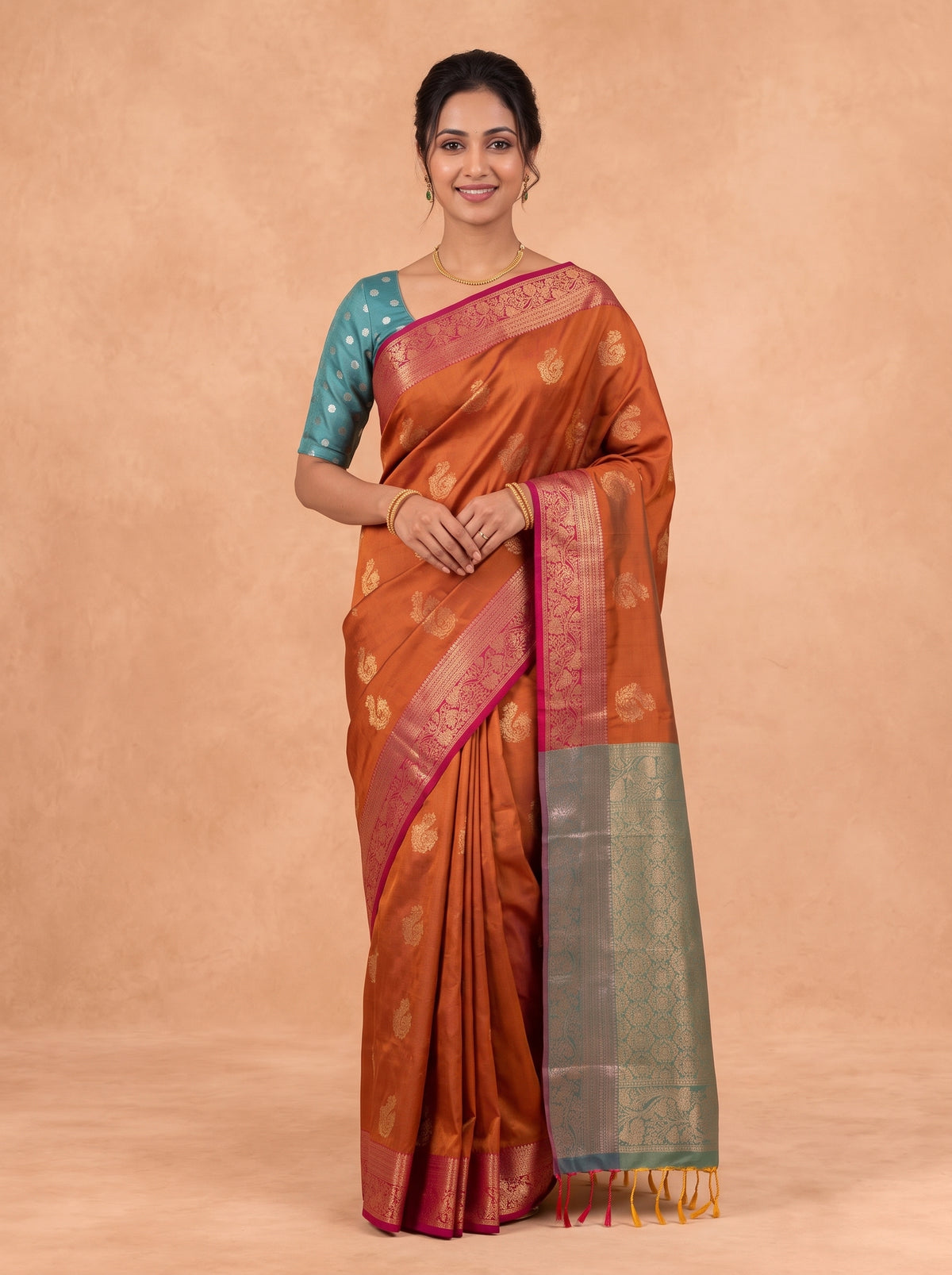 Women Soft Silk Green With Rust Saree SS462