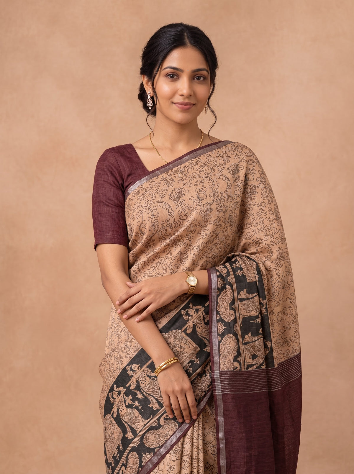 Women Semi Tussar Brown Saree ST377