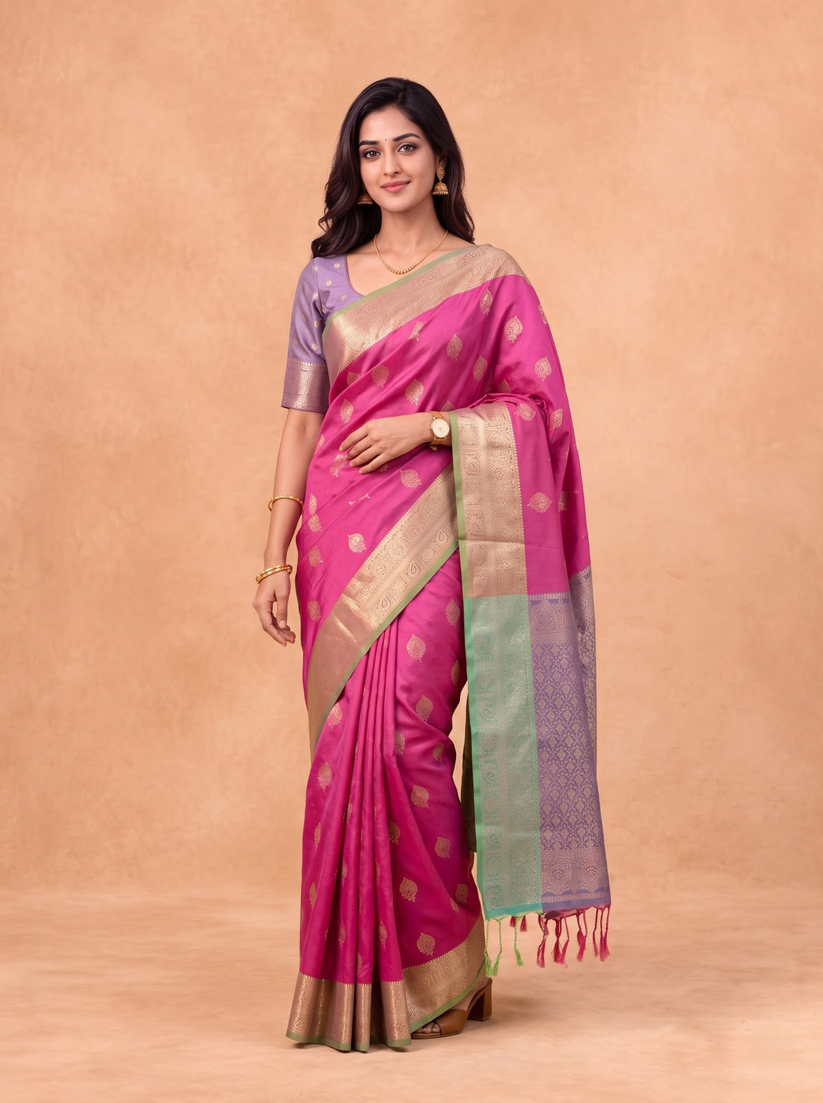 Women Soft Silk Dark Pink With Green Saree SS425