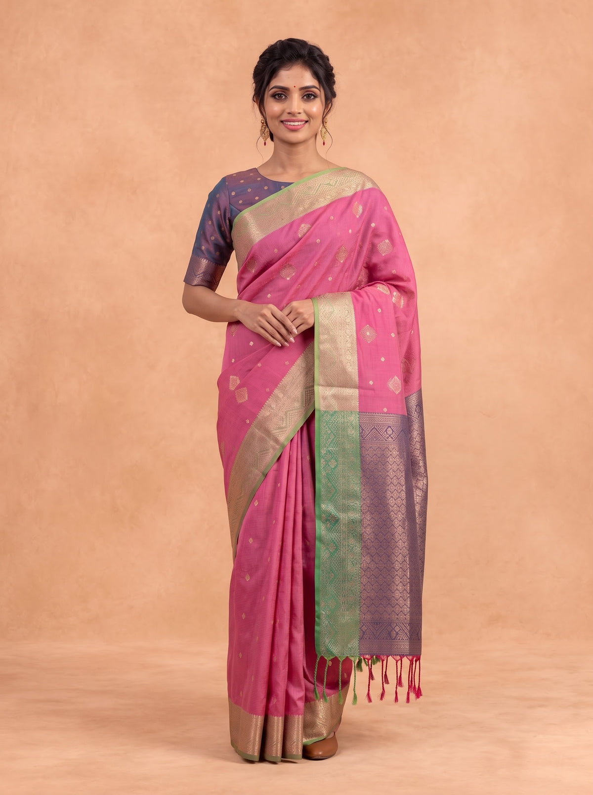 Women Soft Silk Pink with Green Saree SS450