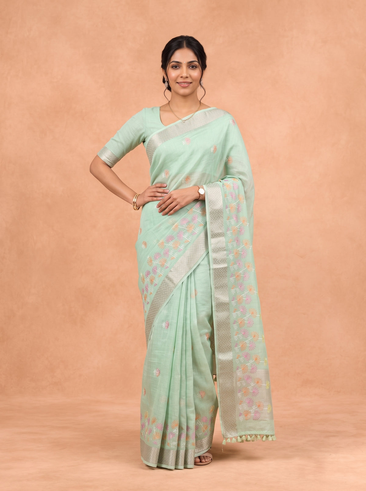 Women Semi Linen Pista green Embroidered Saree SL283