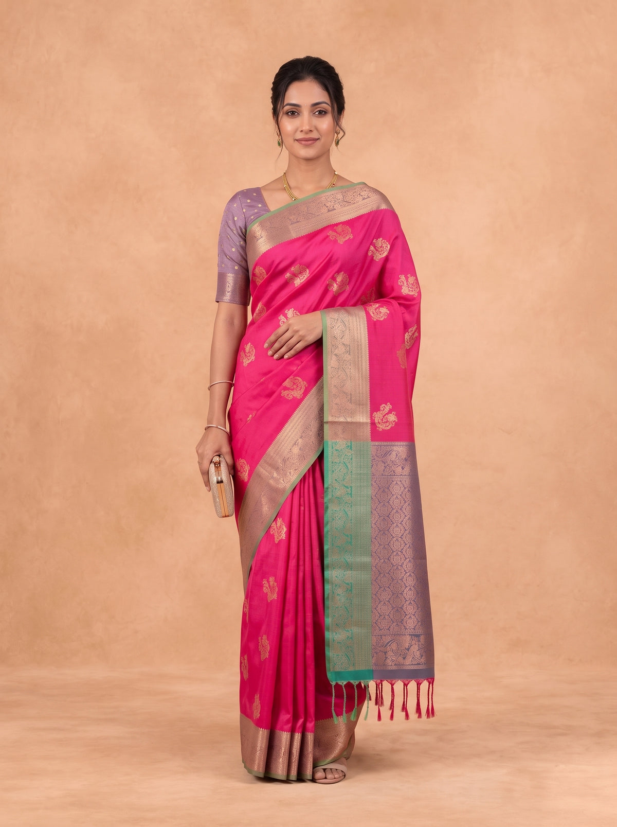 Women Soft Silk Rani Pink With Green SS456