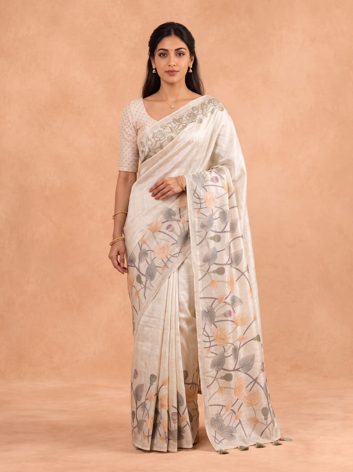 Women Cotton Beige Printed Saree PCS308