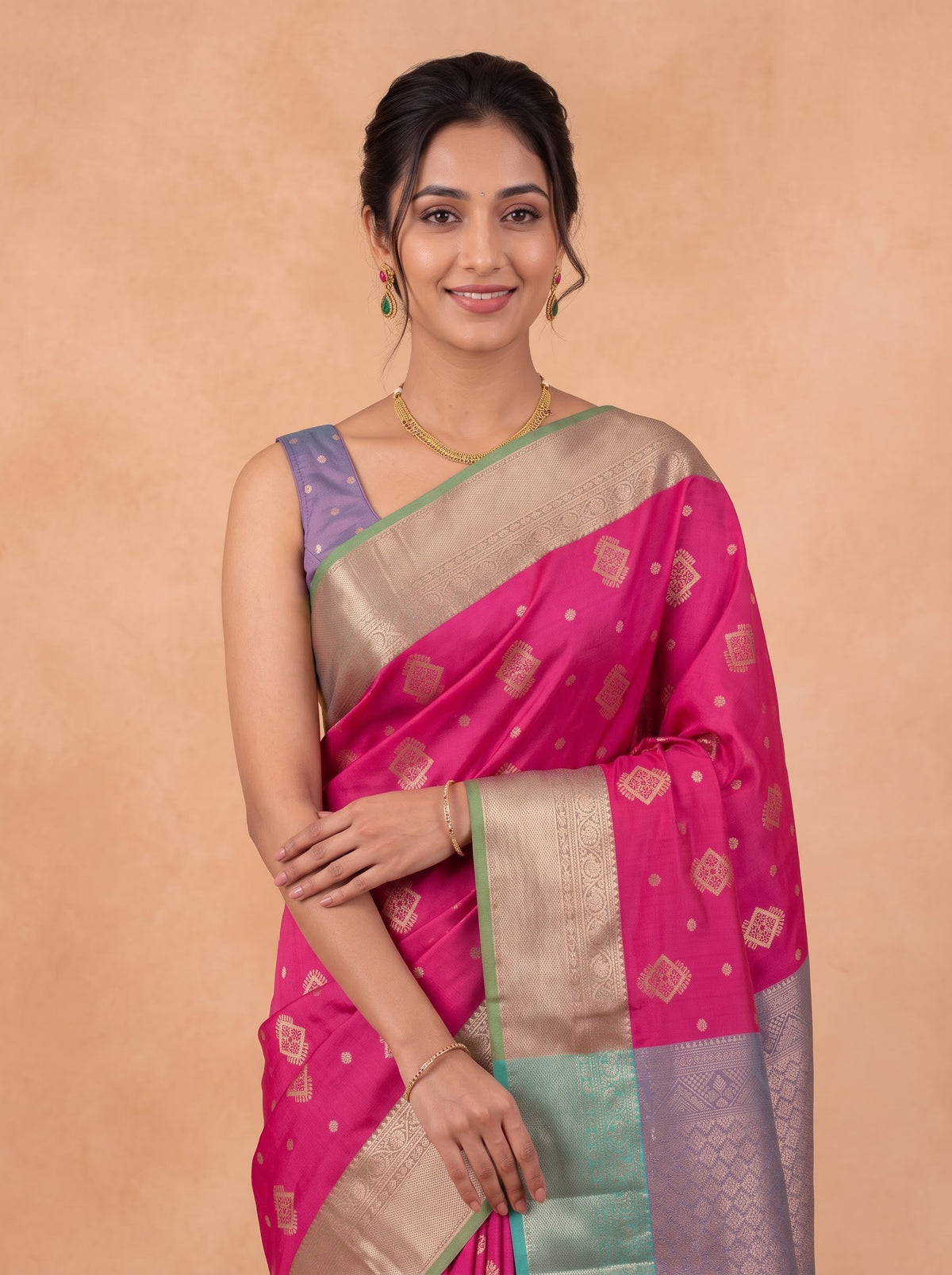 Women Soft Silk Pink with Green Saree SS504