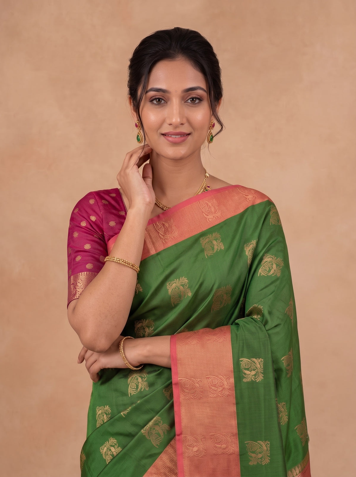 Women Soft Silk Olive Green with Pink Saree SS459
