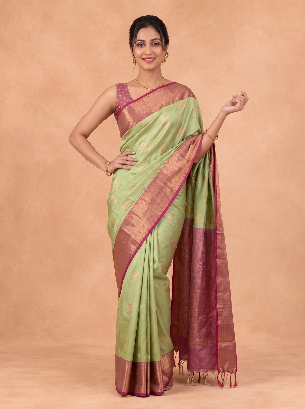 Women Soft Silk Pista Green With Dark Pink Saree SS478