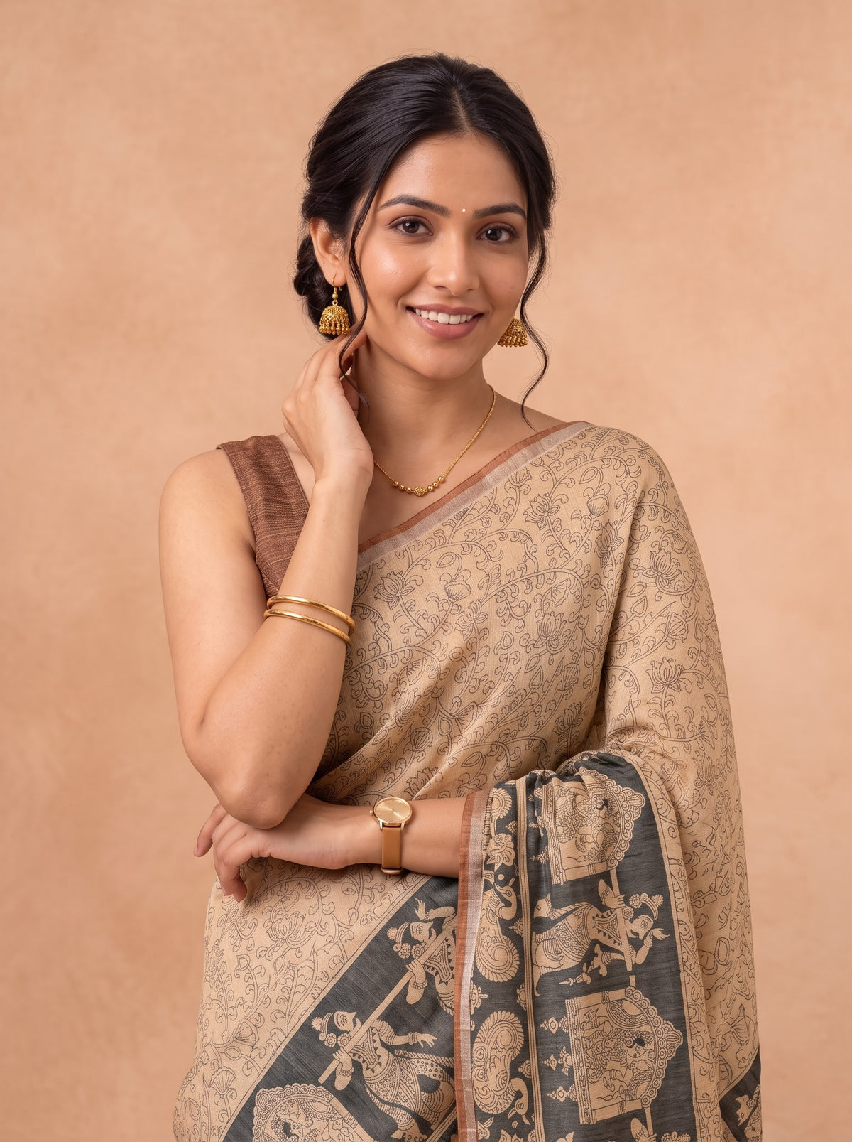 Women Semi Tussar Brown Saree ST376