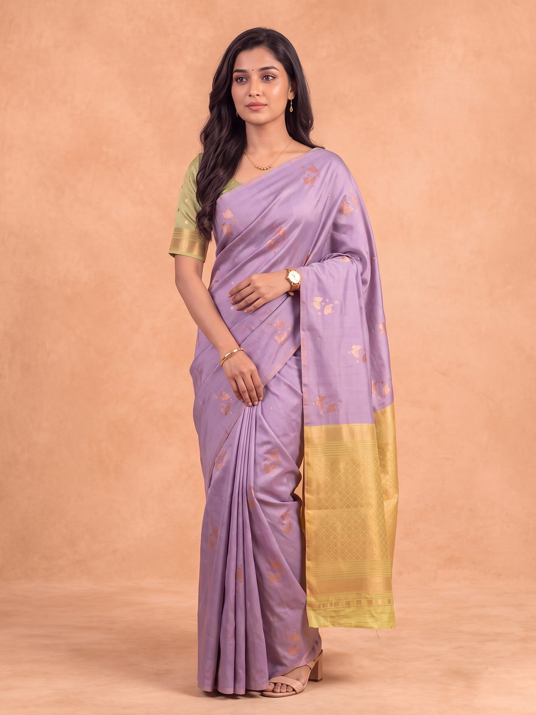Women Soft Silk Lavender with Green Saree SS540