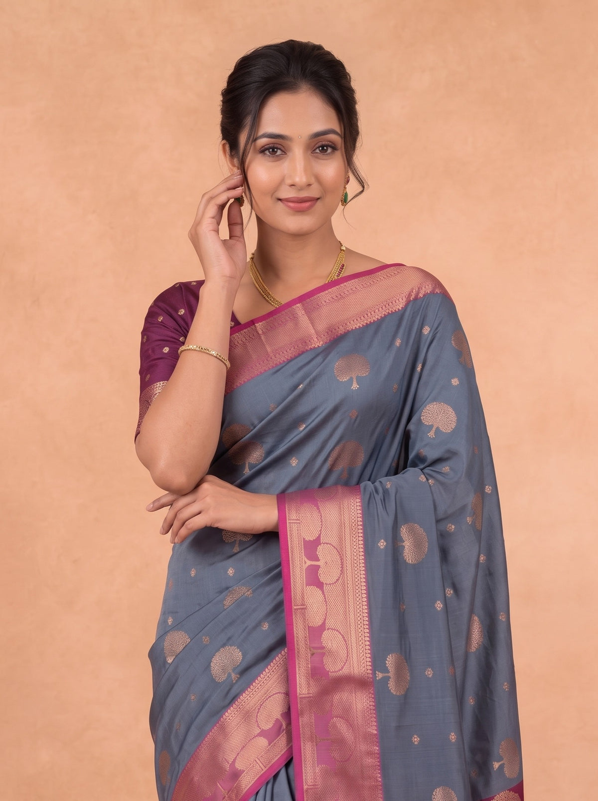 Women Soft Silk Grey with Maroon Saree SS447