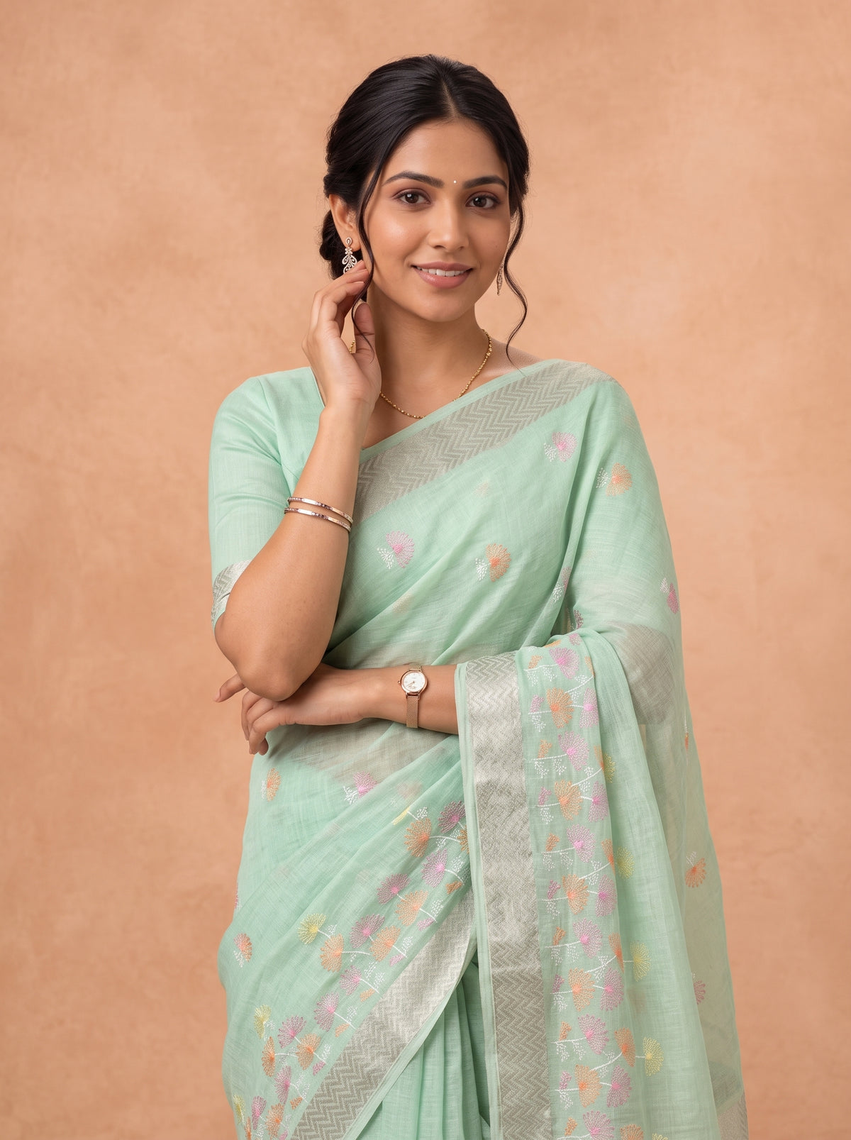 Women Semi Linen Pista green Embroidered Saree SL283