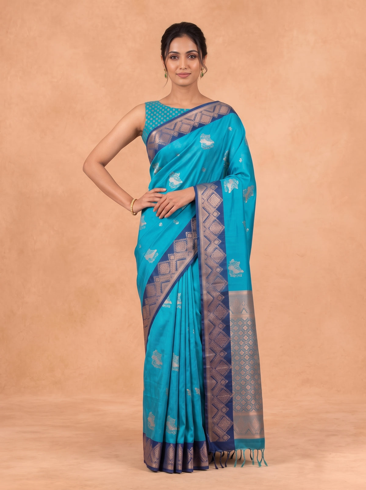 Women Soft Silk Ocean Blue with Navy Saree SS475