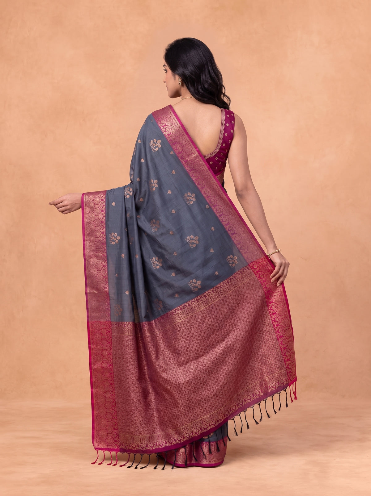 Women Soft Silk Steel Grey with Plum Saree SS428