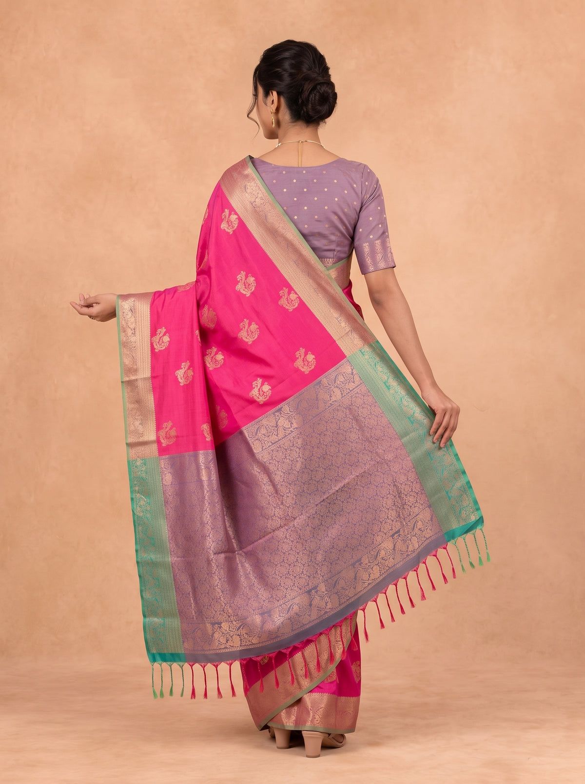 Women Soft Silk Rani Pink With Green SS456