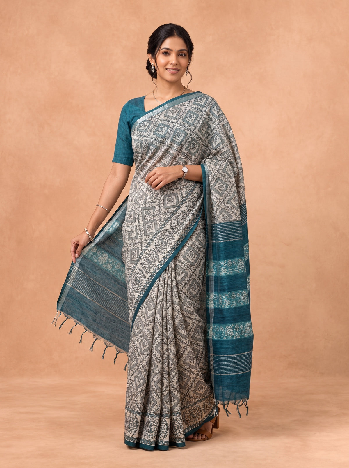 Women Semi Tussar Teal Green Saree ST374