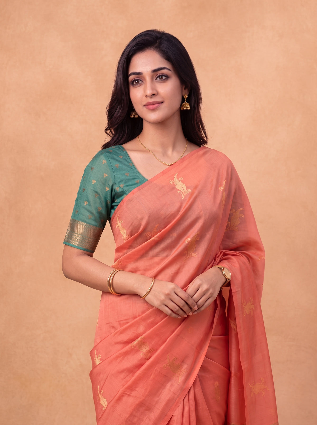 Women Soft Silk Peach Pink with Green Saree SS521