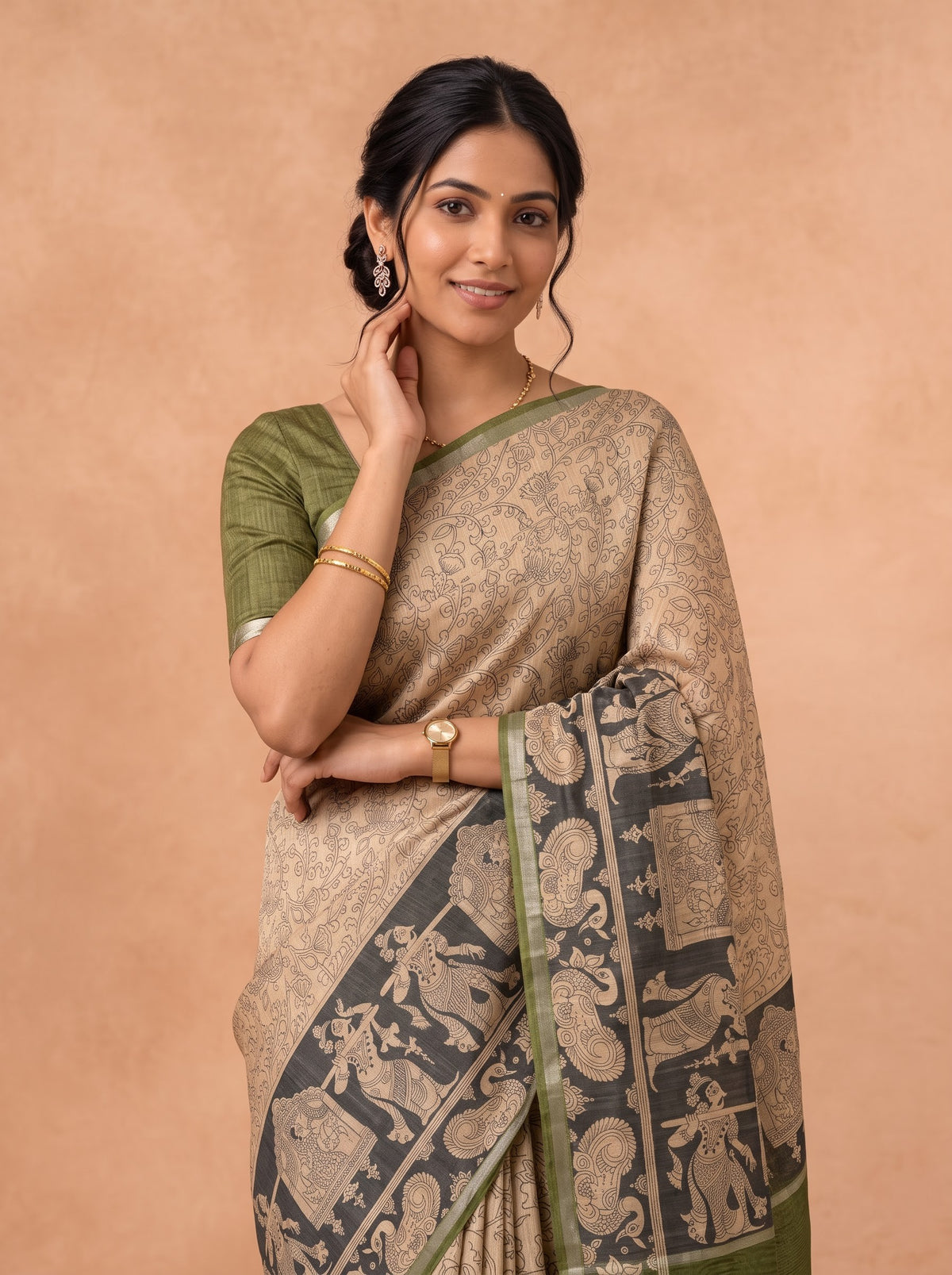 Women Semi Tussar Olive Green Saree ST379