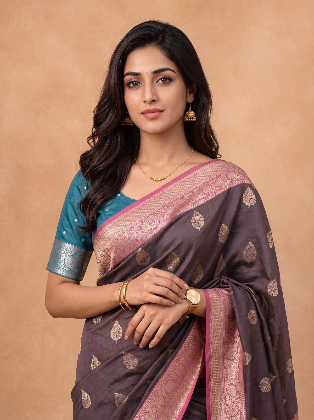 Women Soft Silk Dark Purple With Green Saree SS430