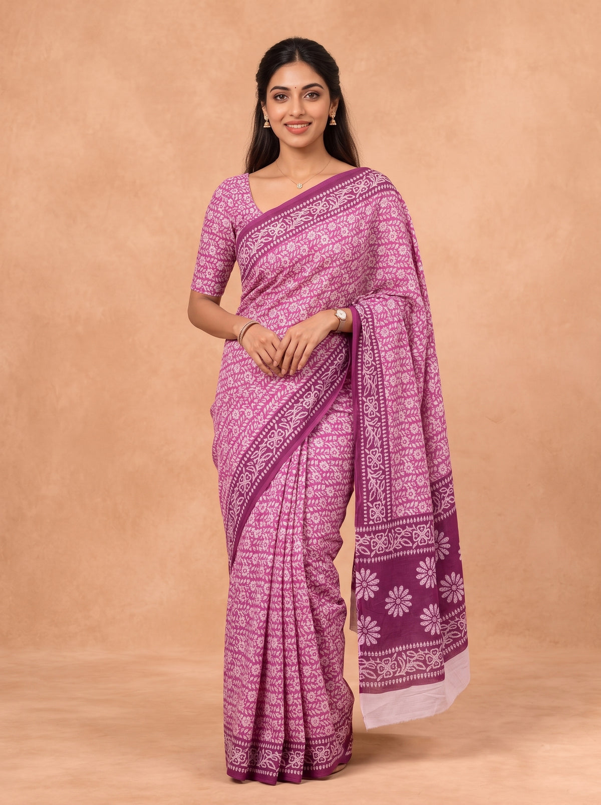 Women Cotton Pink Printed Saree PCS305