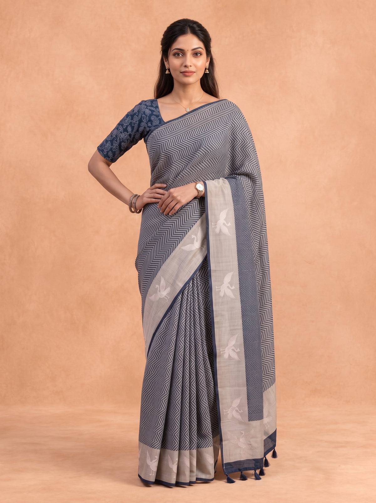 Women Cotton Blue Printed Saree PCS300
