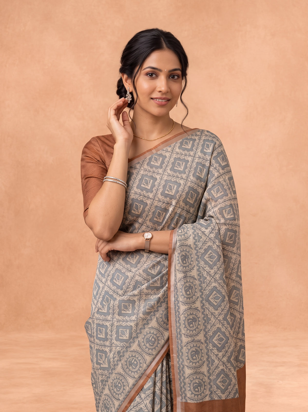 Women Semi Tussar Brown Saree ST373