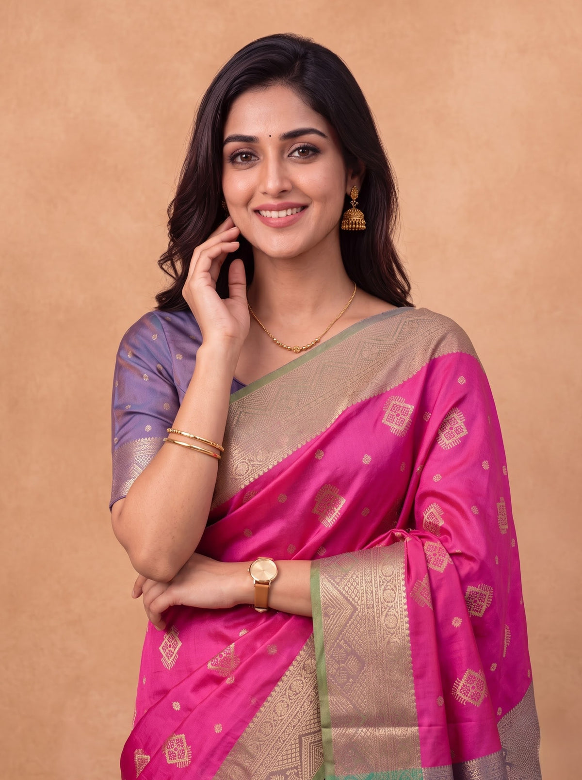 Women Soft Silk Pink Saree With Green SS434