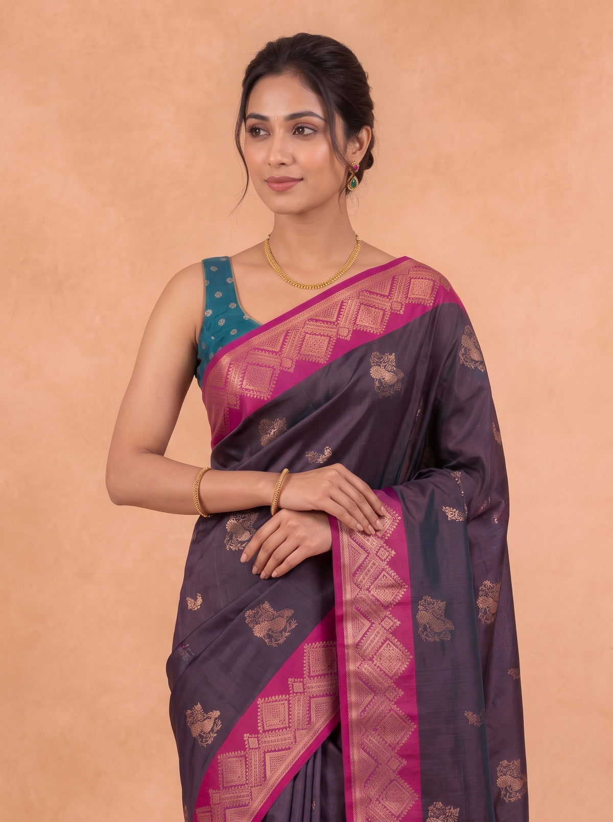 Women Soft Silk Dark Purple With Dark Pink Saree SS460