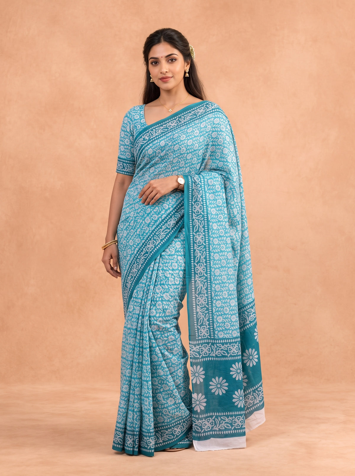 Women Cotton Turquoise Printed Saree PCS302