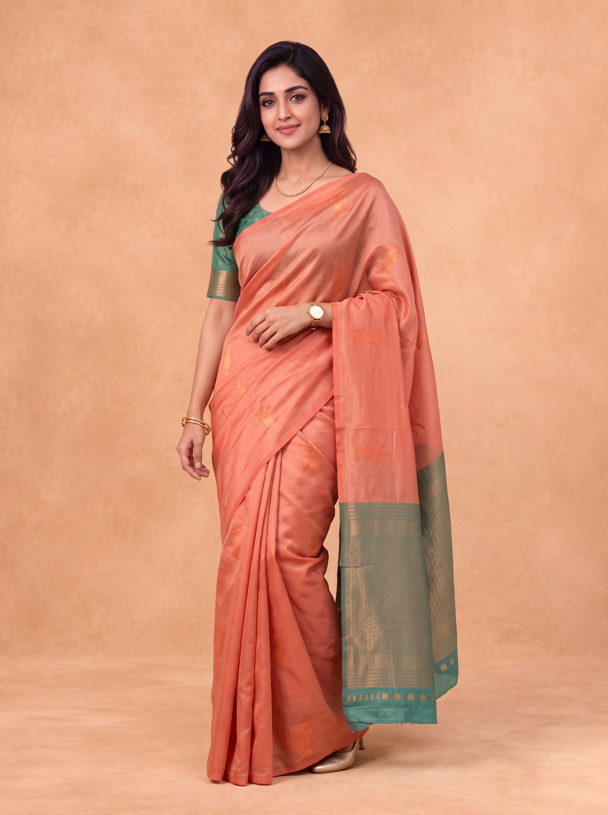 Women Soft Silk Peach Pink with Green Saree SS521