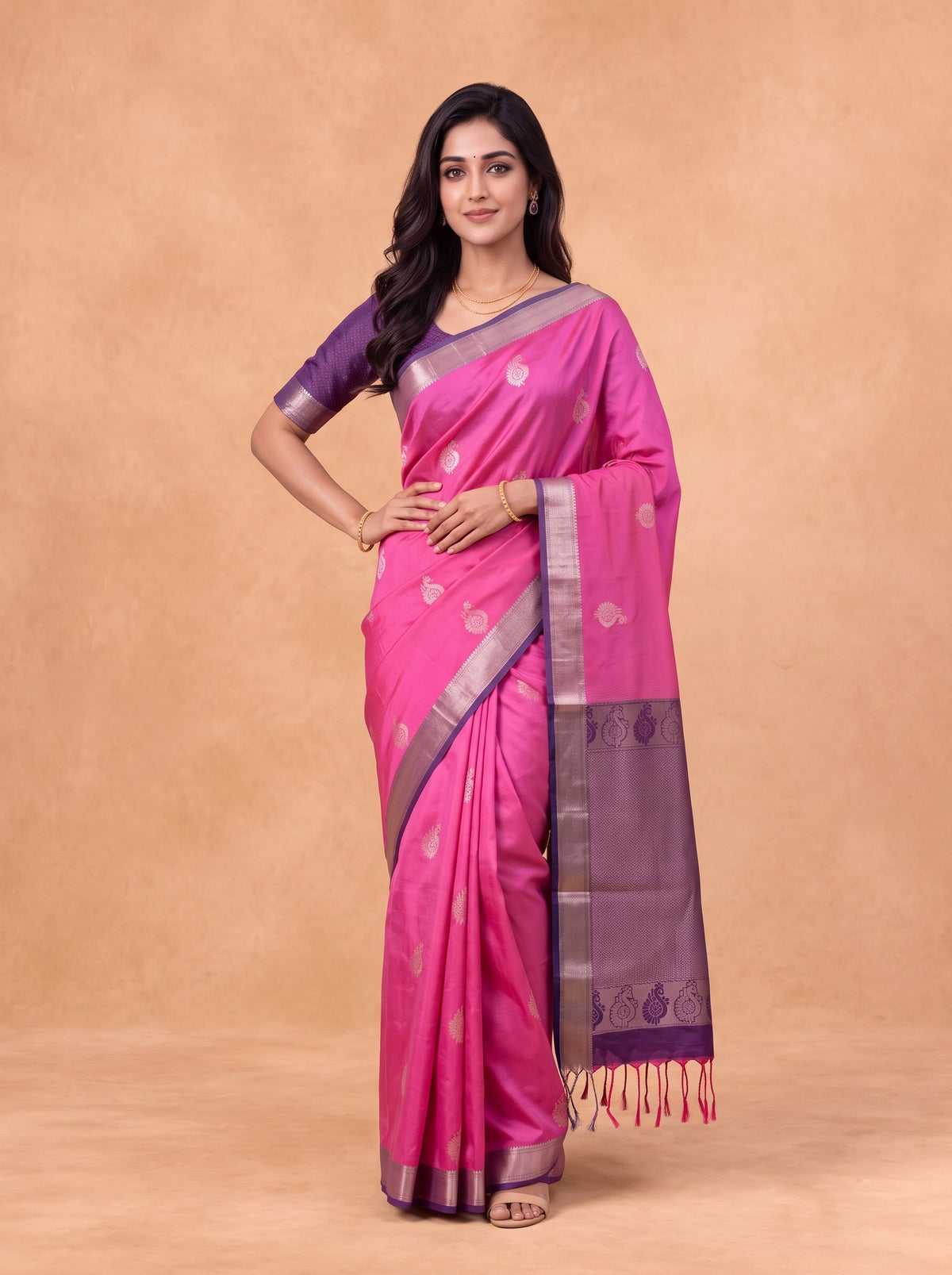 Women Soft Silk Rani Pink With Purple Saree SS438