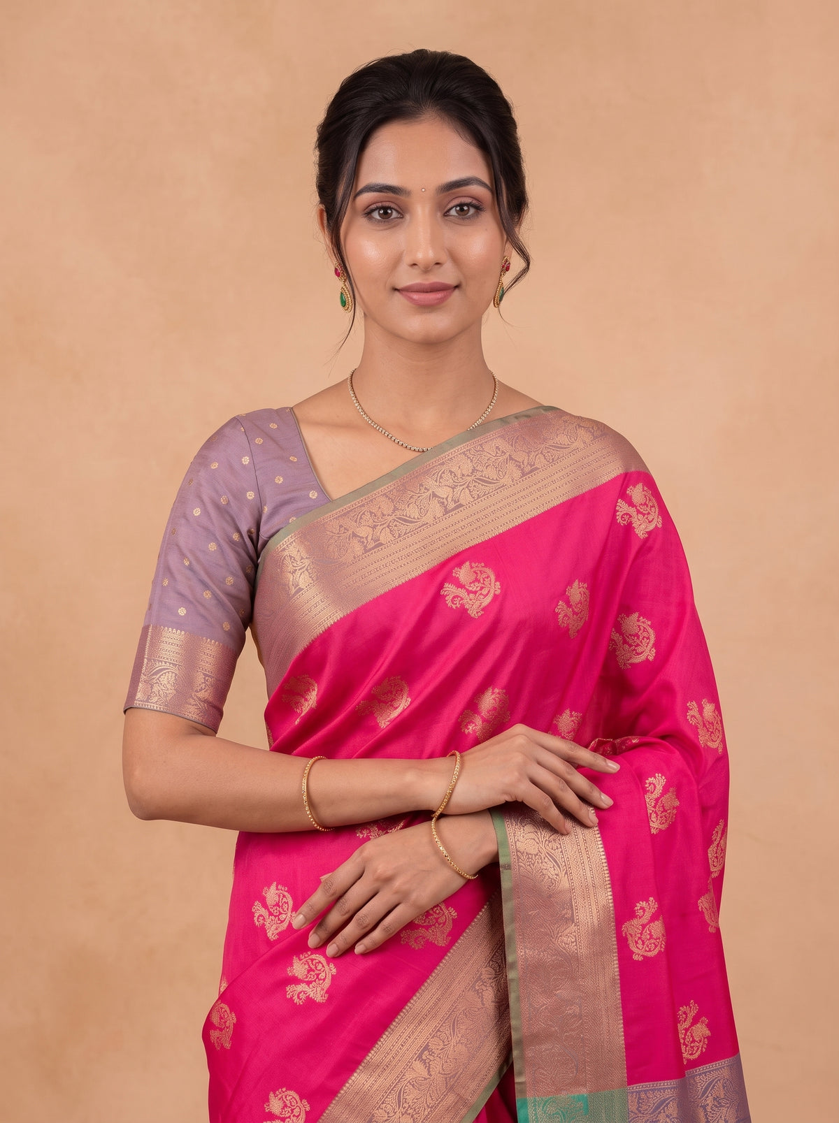 Women Soft Silk Rani Pink With Green SS456