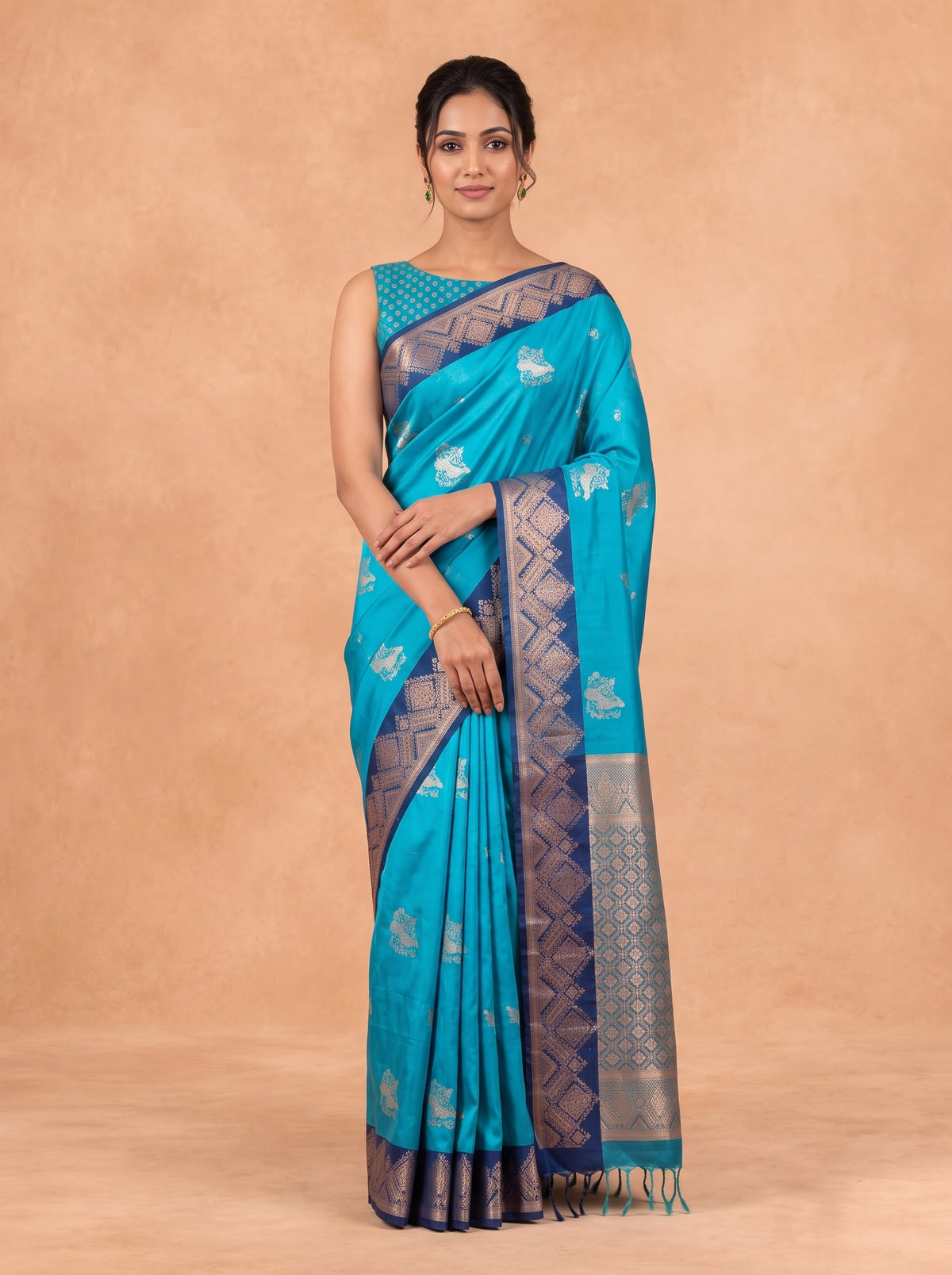 Women Soft Silk Ocean Blue with Navy Saree SS475