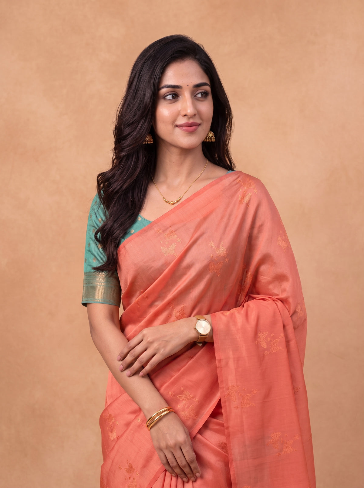 Women Soft Silk Peach Pink with Green Saree SS520