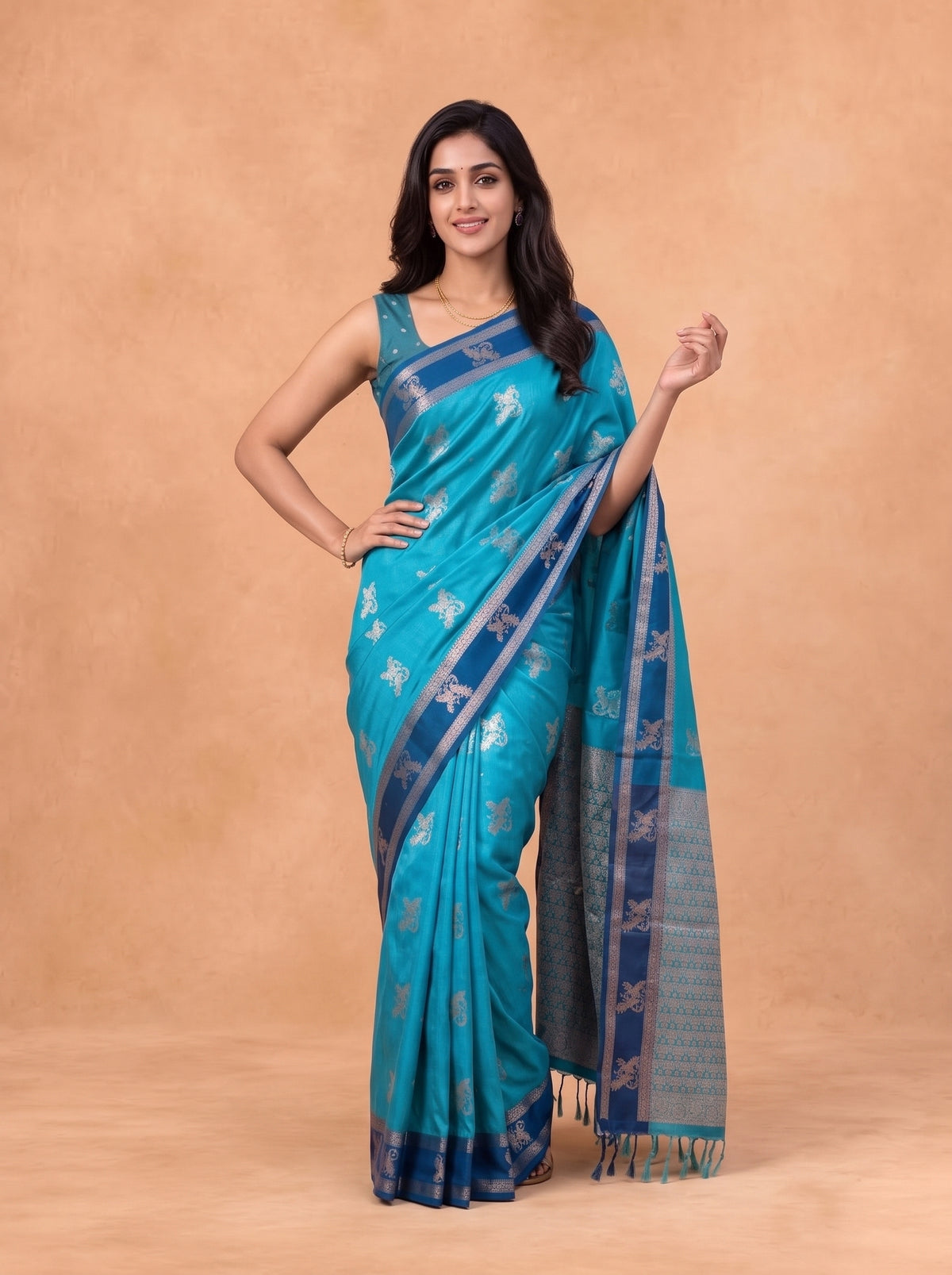 Women Soft Silk Teal With Blue Saree SS429