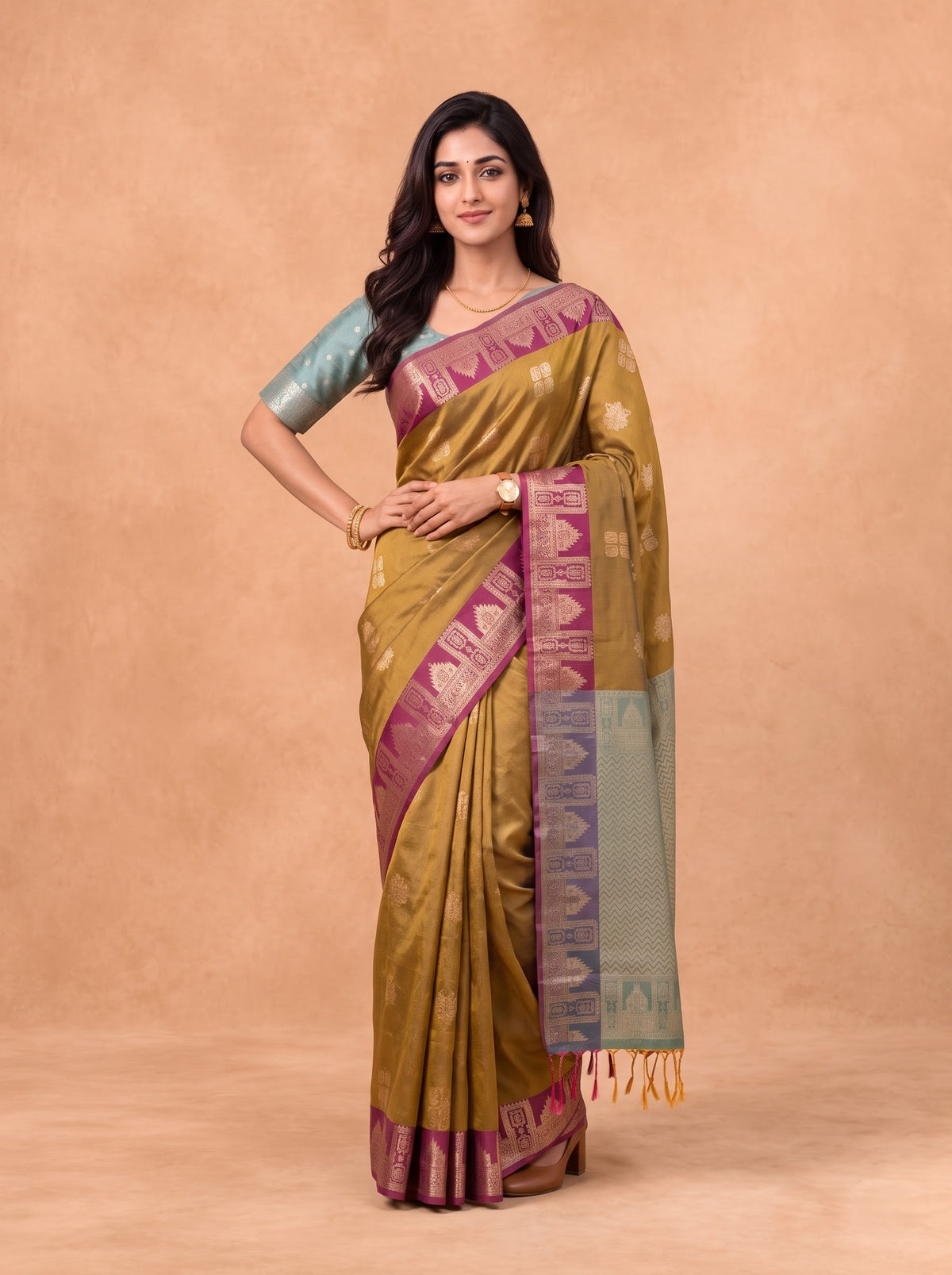 Women Soft Silk Dark Mustard With Dark Pink Saree SS454