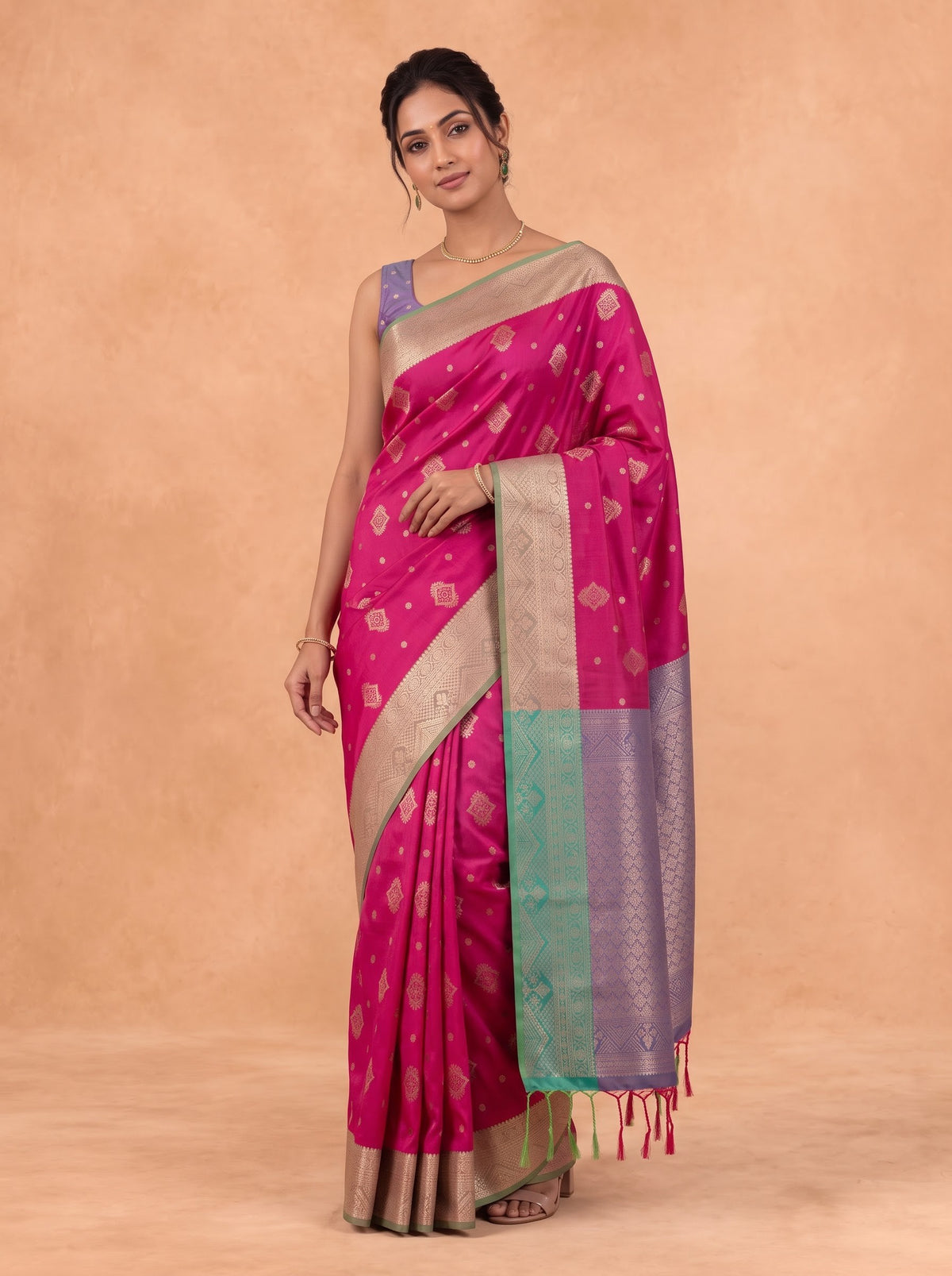 Women Soft Silk Pink with Green Saree SS504