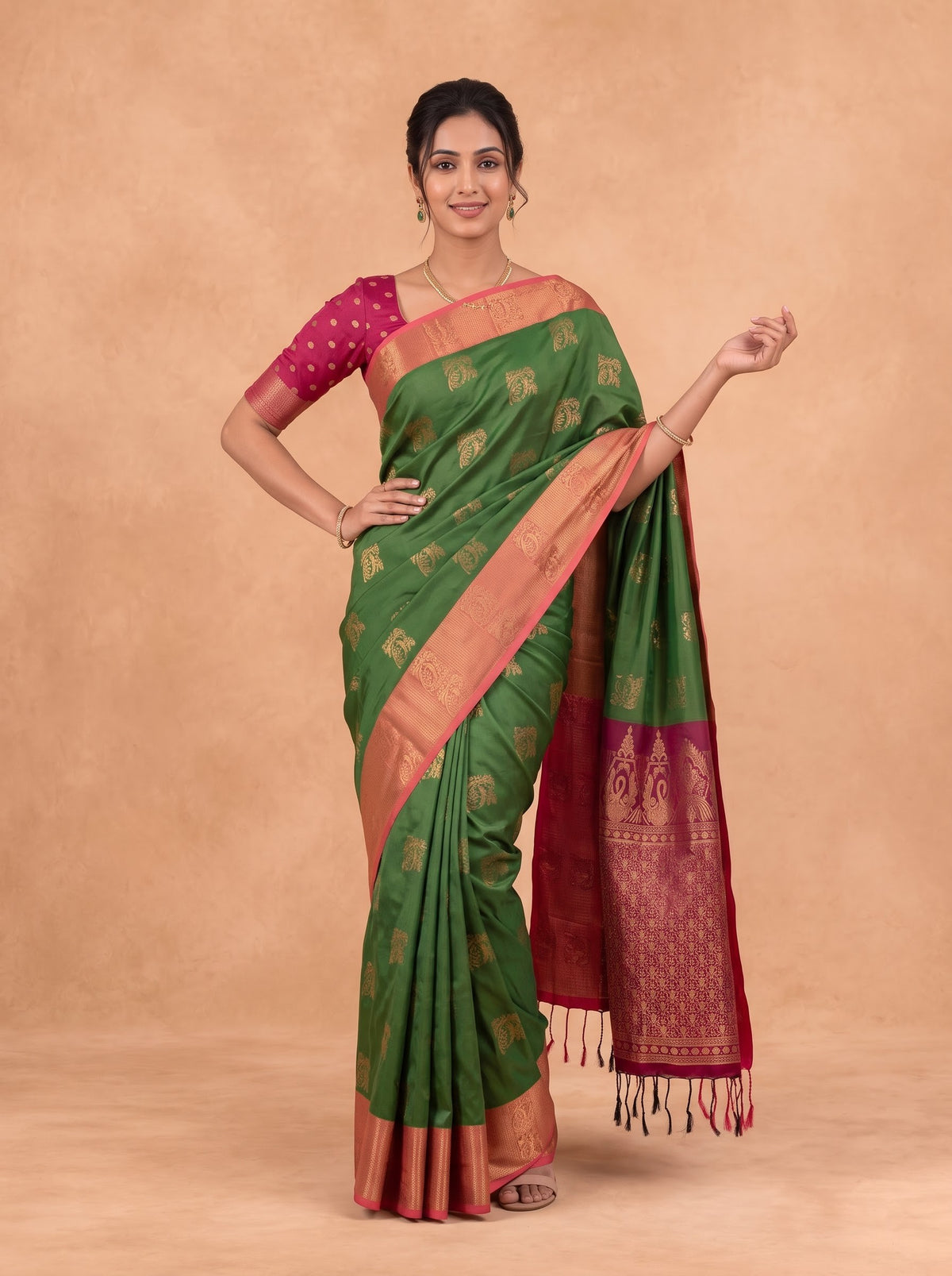 Women Soft Silk Olive Green with Pink Saree SS459