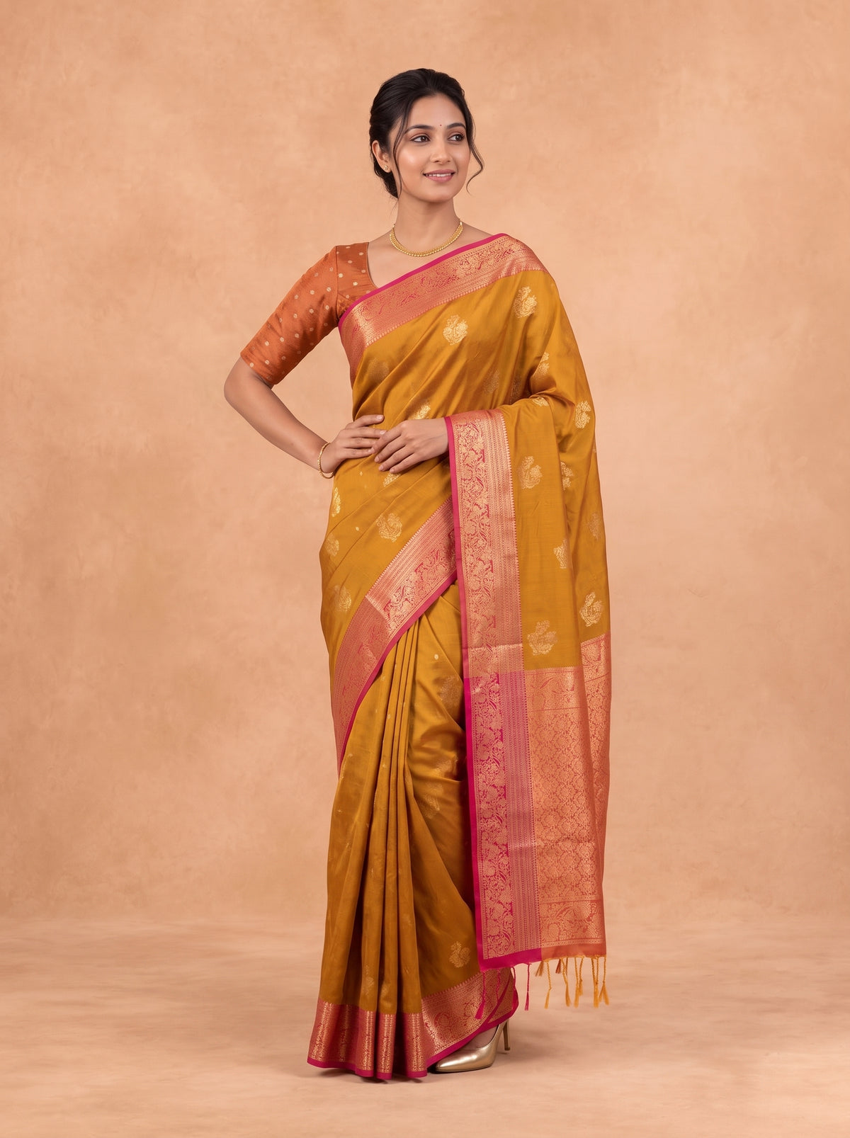 Women Soft Silk Mustard Yellow with Pink Saree SS453