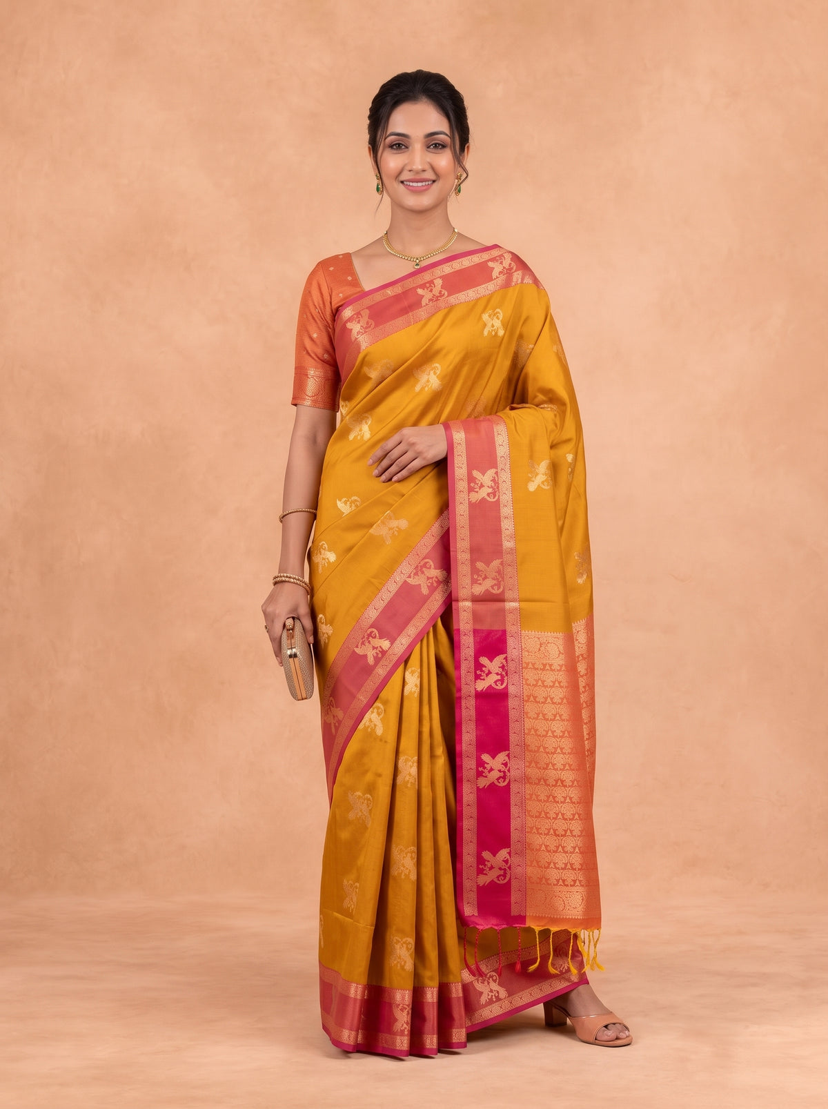Women Soft Silk Mustard With Dark Pink Saree SS457