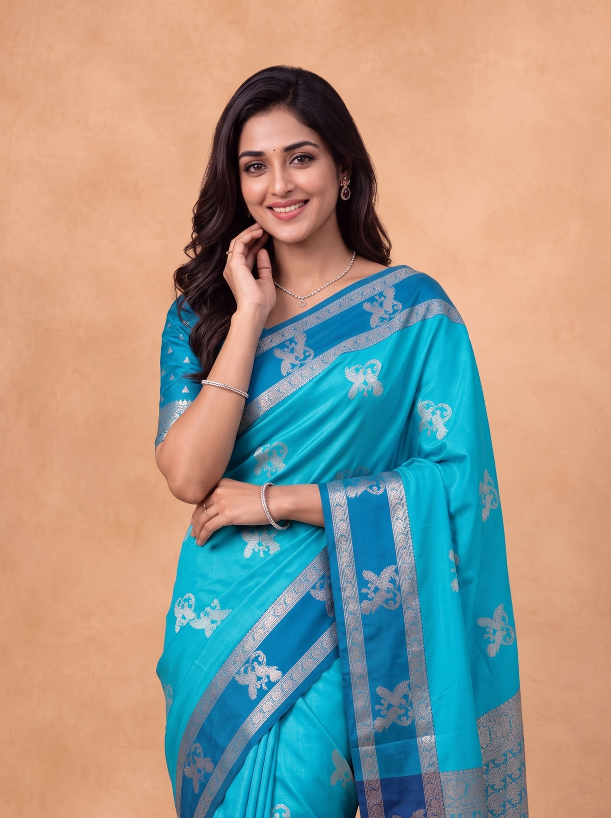 Women Soft Silk Aqua Blue with Navy Saree SS426