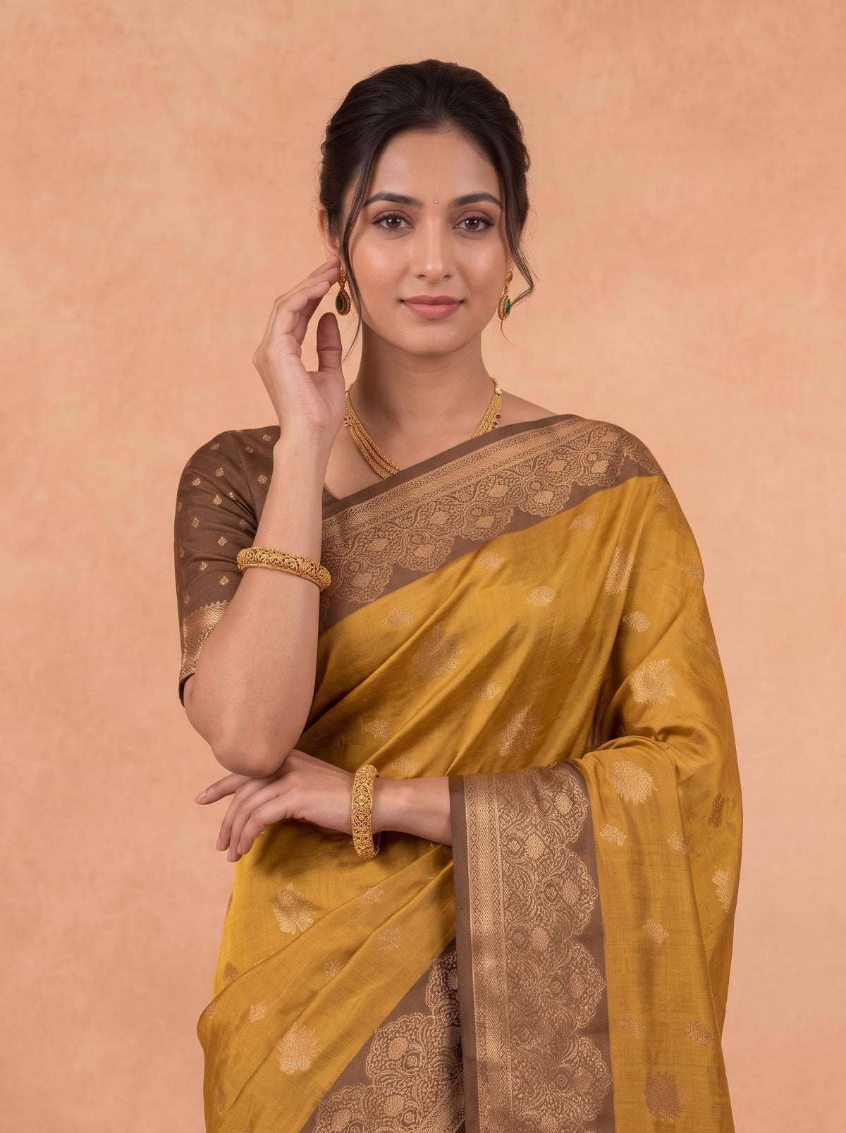 Women Soft Silk Mustard With Brown Saree SS472