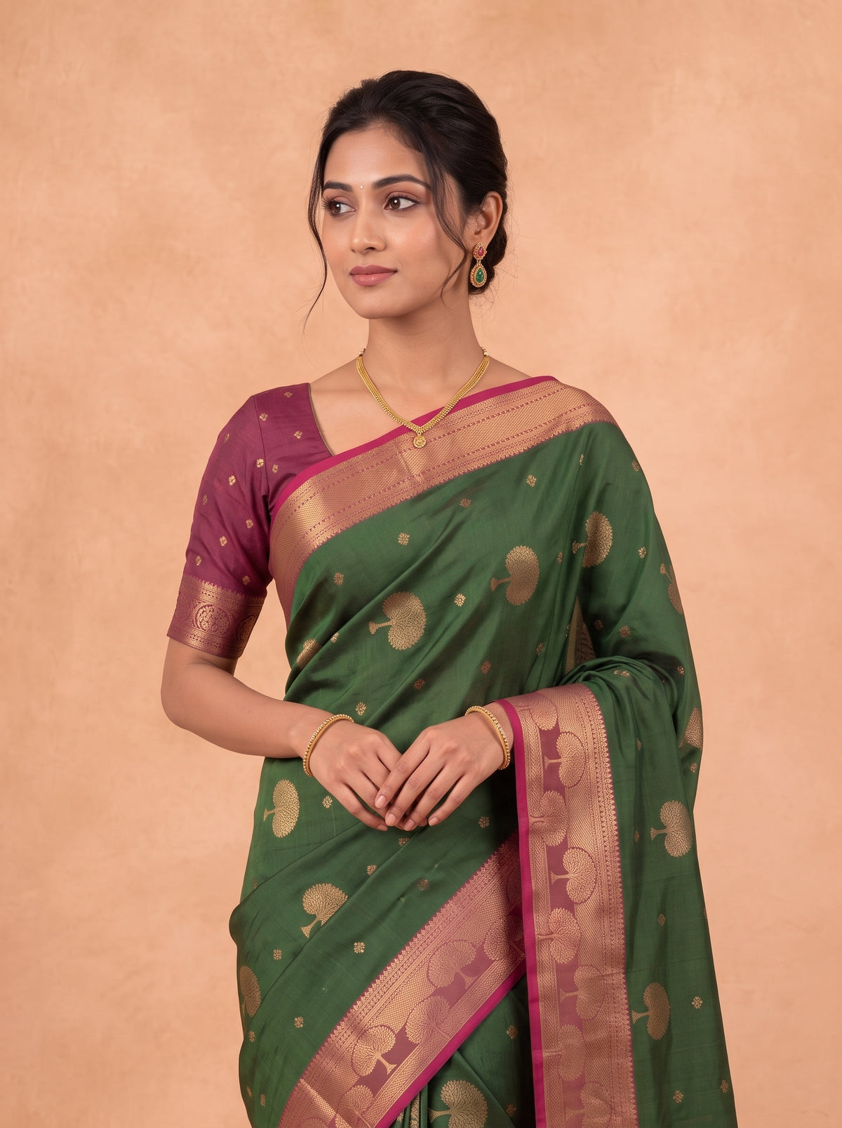 Women Soft Silk Olive Green With Maroon Saree SS468