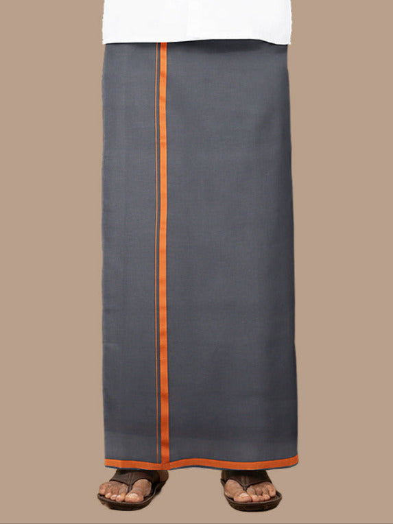 Men 100% Cotton Single Layer Grey Dhoti with Big Border Poojan