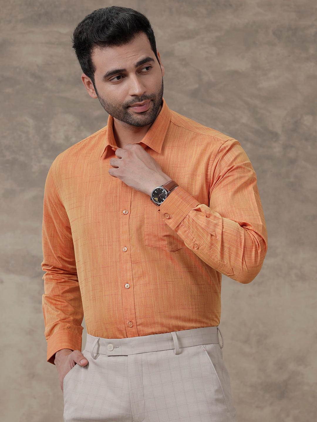 Men Cotton Rich Shirt Full Sleeves Light Orange T20 CR5
