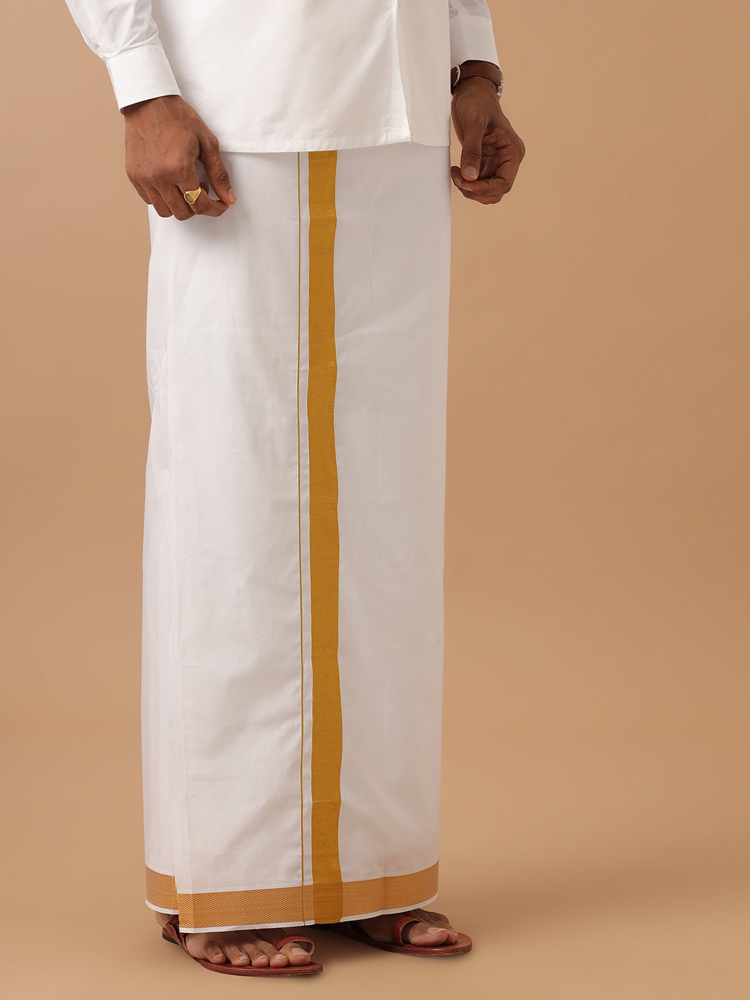 Men 100% Cotton Single Layer White Dhoti with 1 1/2" Gold Jari Border Aruthra