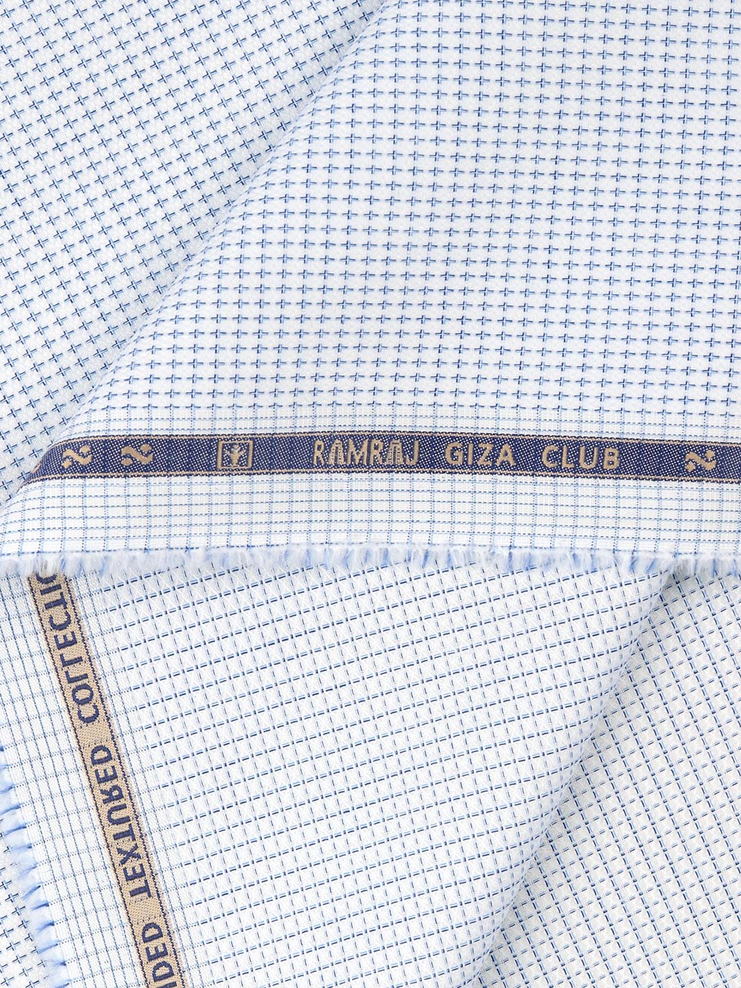 Men 100% Giza Cotton Self Design White with Blue Shirt Fabric Casino Grand