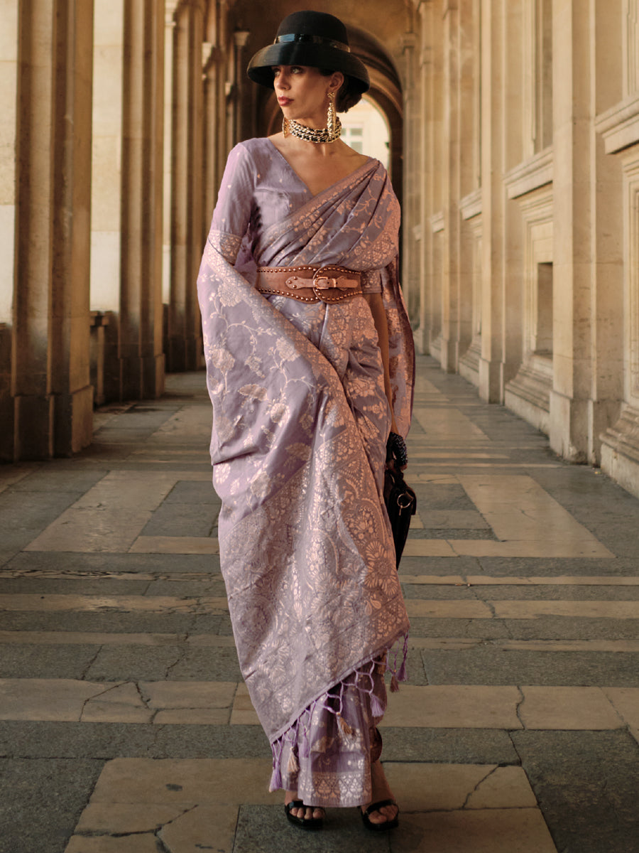 Women Stylish Flower Design Semi Silk Lavender Saree with Jari Border SS74