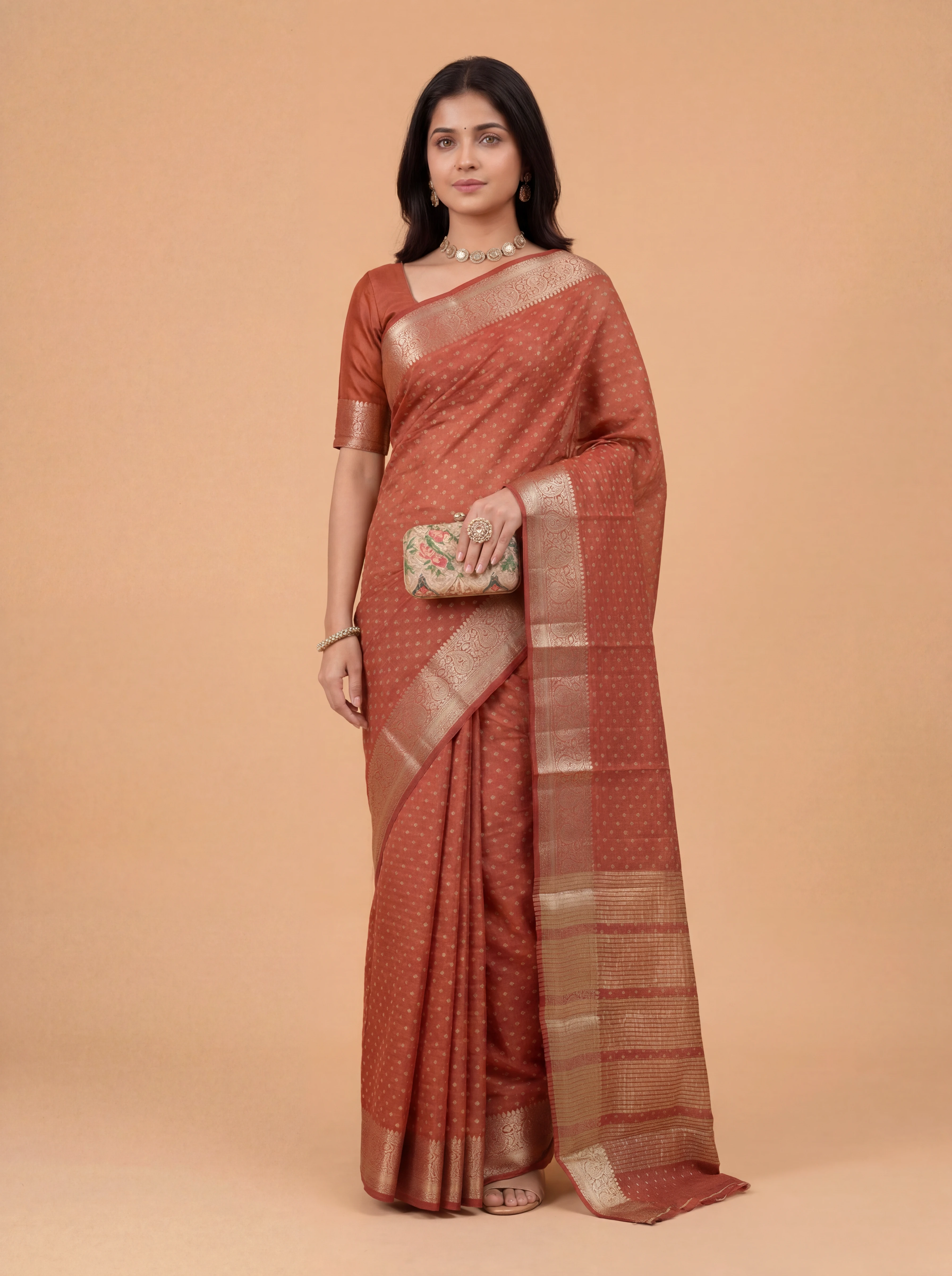 Women Semi Raw Silk Red Saree SRS124