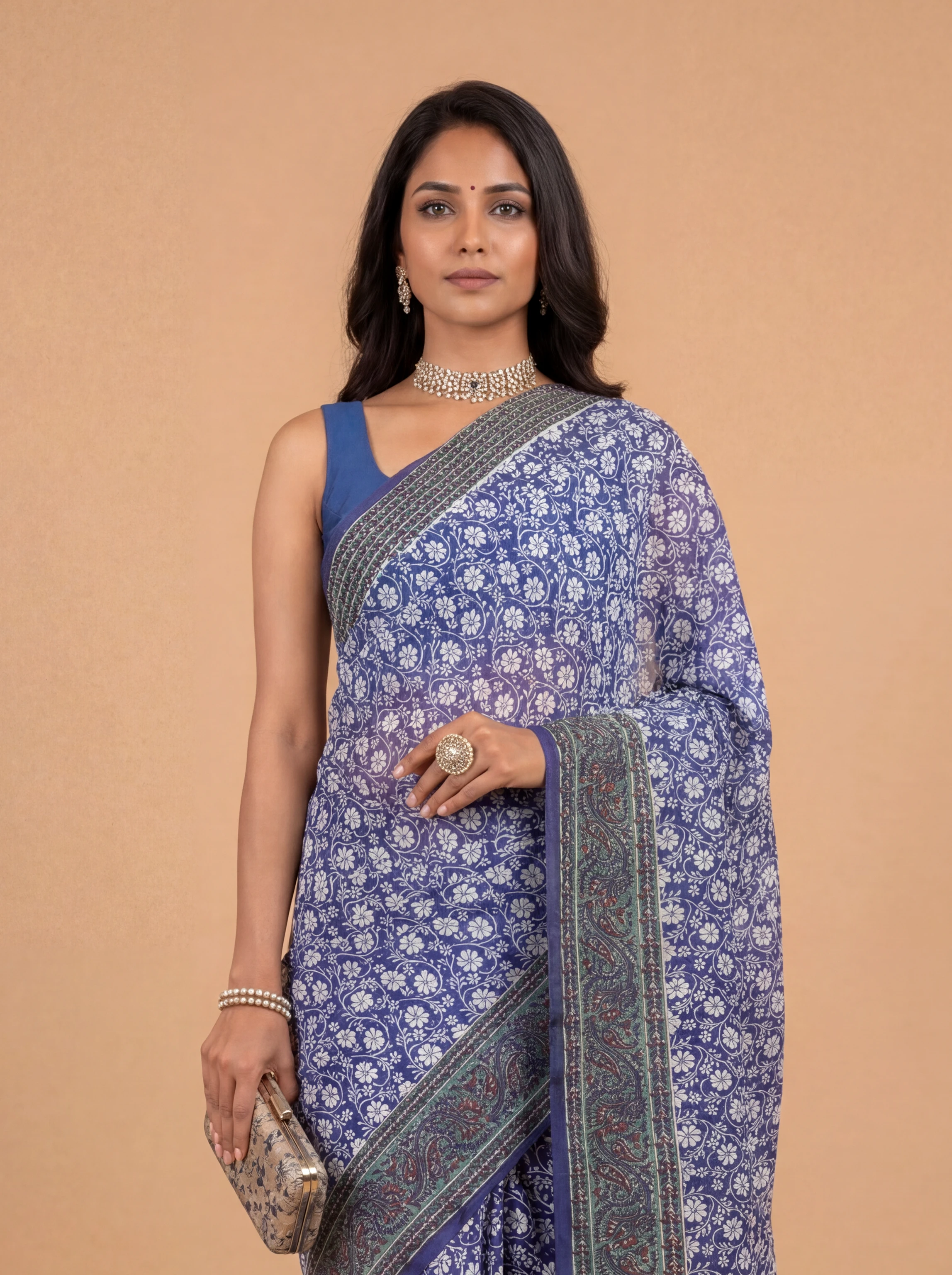 Women Pure Cotton Royal Blue Floral Printed Saree PCS278